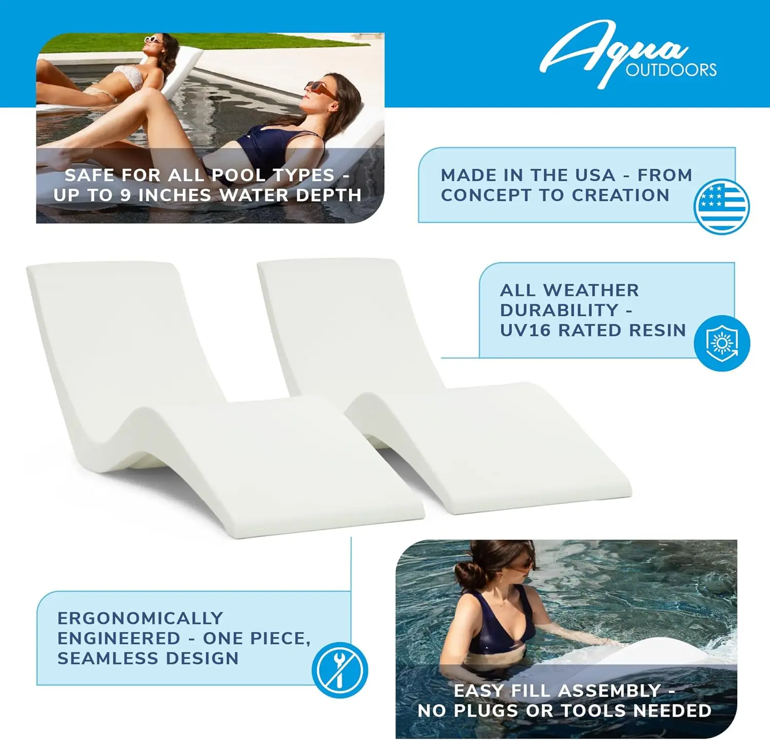 

Water-Weighted Pool Lounger for Shallow Depths, No Tools Needed, Set of 2, White Granite Finish