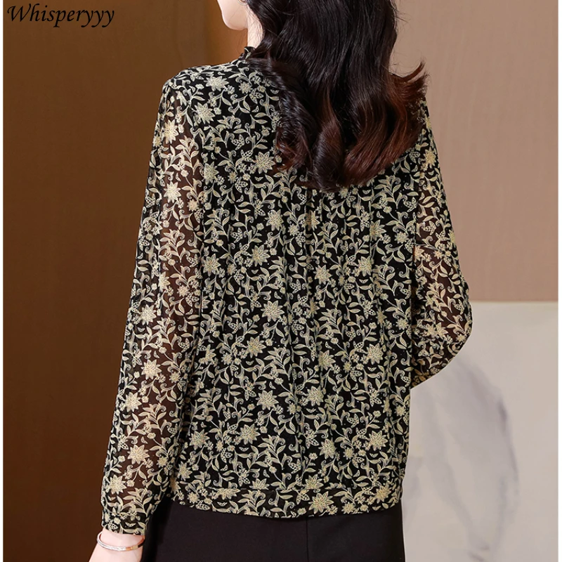 Spring Summer Printing Pullover Blouse for Women Clothing Temperament Long-sleeved Mesh Bottoming Shirt Female Casual O Neck Top
