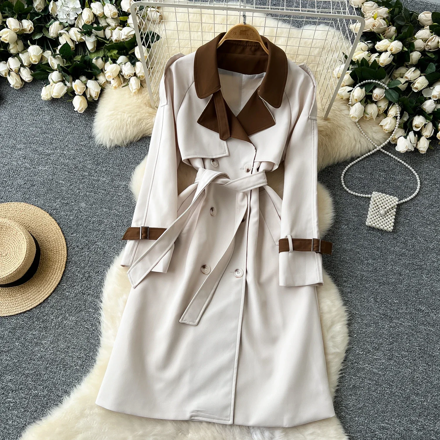 Chic Double Breasted Spliced Women Vintage Notched Collar Slim Bandage Trench Korean Office Lady High Street Autumn Winter Top