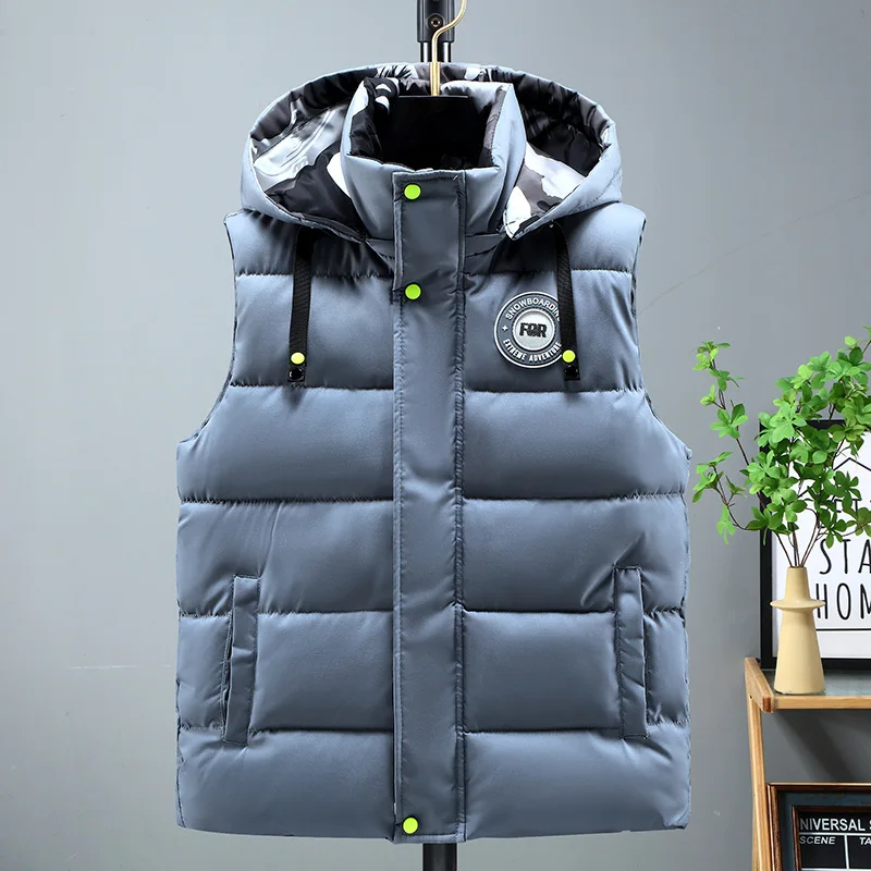 Autumn Winter Men Hooded Vests Thicken Warm Cotton Waistcoat Sleeveless Jackets Solid Color Coats Male Casual Zipper Outerwear