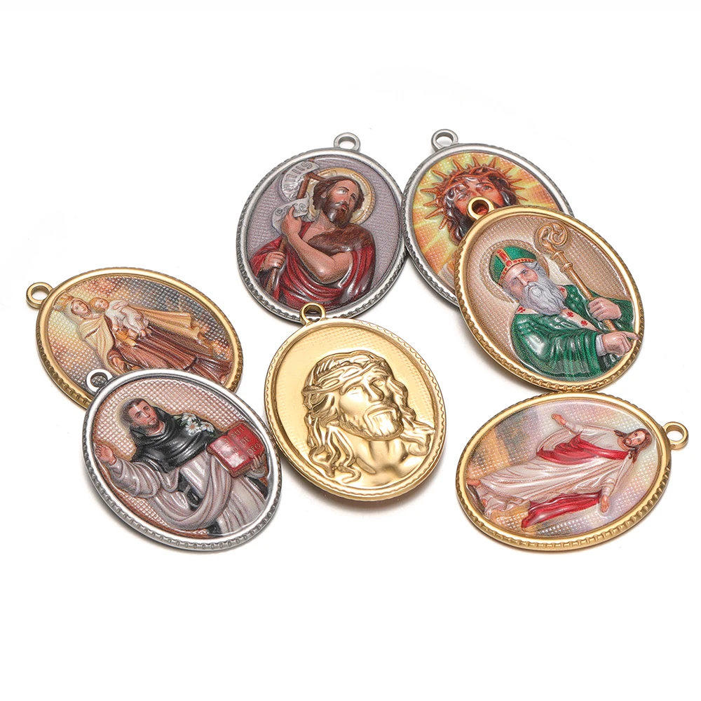 4 pendentifs ovales religieux en acier inoxydable pour la fabrication de bijoux vintage DIY, boucles d'oreilles, bracelets et colliers