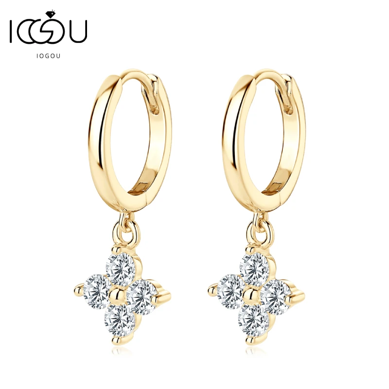 IOGOU S925 Sterling Silver Hoops Earrings Real 3mm Moissanite Four Leaf Clover Drop Dangle Earrings for Women Cute Jewelry Charm