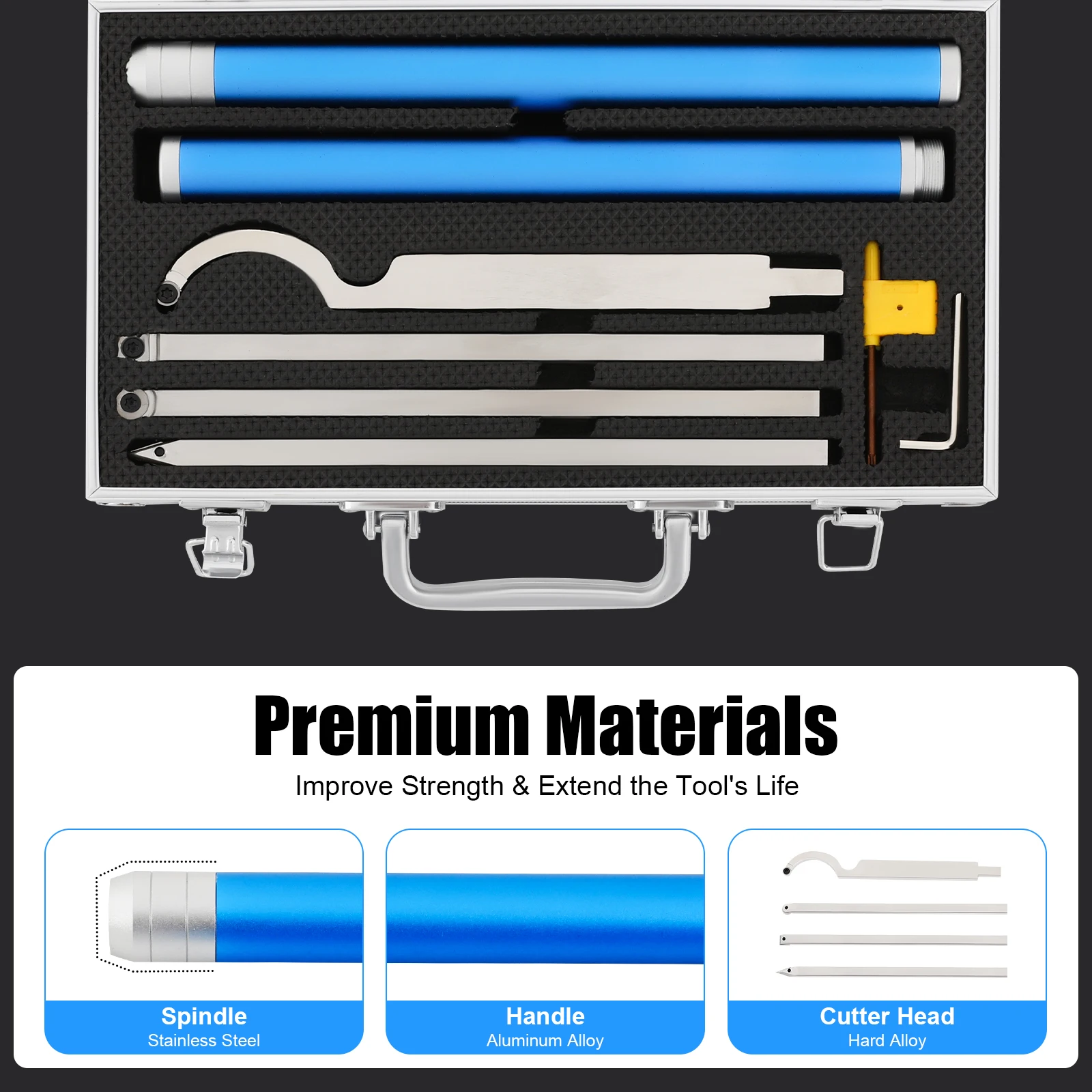 Outils de tournage du bois en carbure 6 en 1, ciseaux de tournage du bois pour tour, Kit d'outils de tournage avec valise en aluminium pour le travail du bois