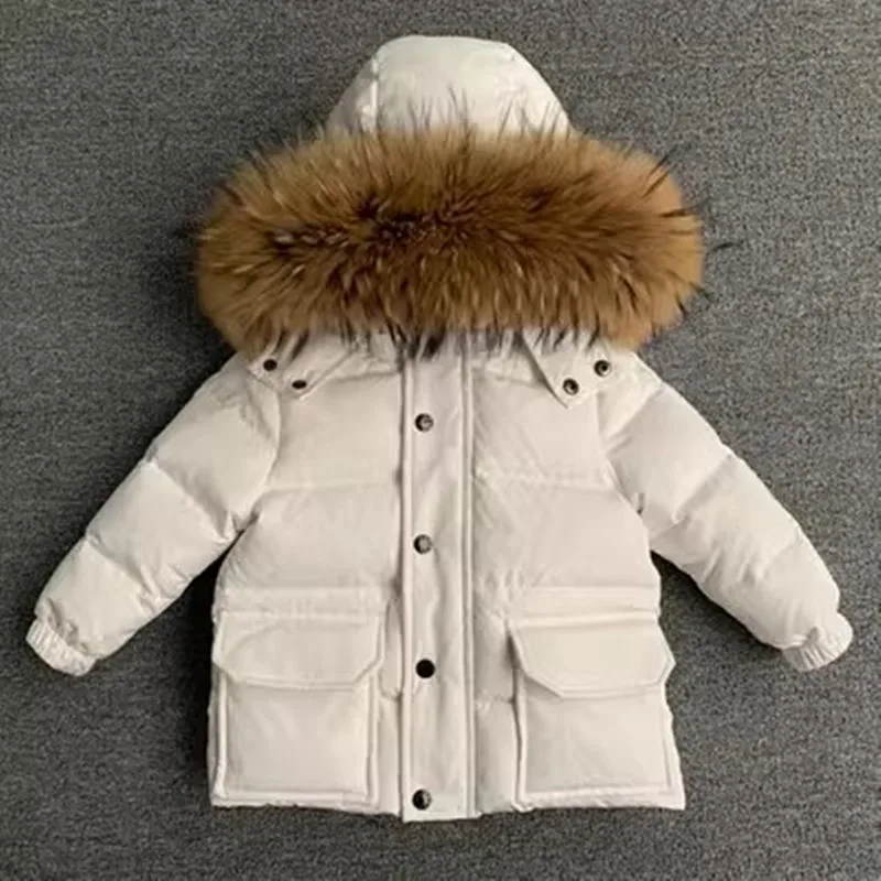 Russia Winter New Down Jacket Big Real Fur Collar Thicker Pocket White Duck Down Outerwear Kids Warm Parka -30 Degrees  Wz1251