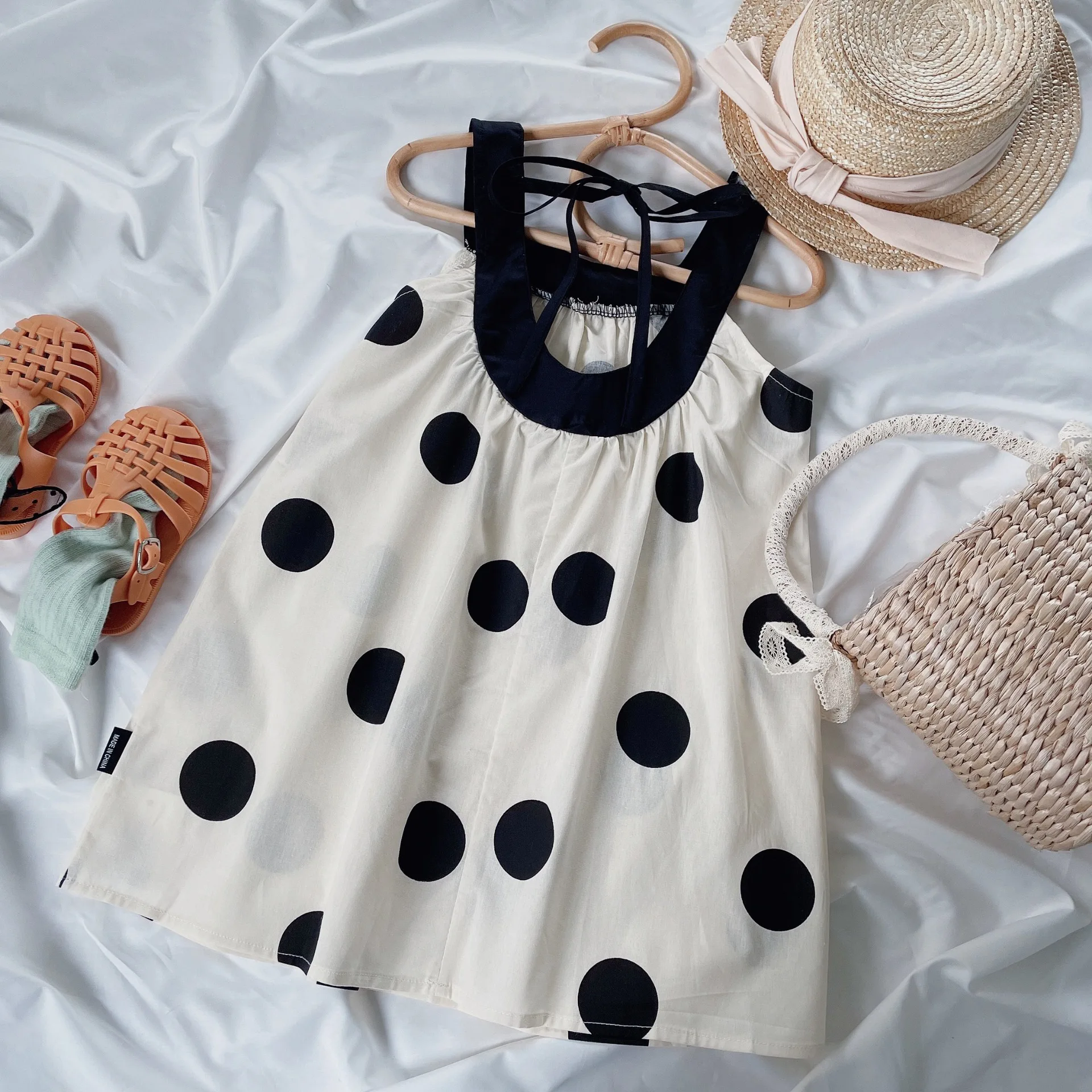 Girl's Polka Dot Camisole Dress 2024 Summer New Children's Korean Version Lace Up Dress Baby Striped Vest Dress Kids Dresses