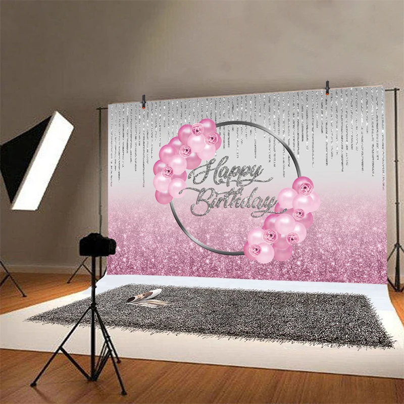 Rosa feliz aniversário pano de fundo rosa balão grinalda fitas luz bokeh meninas festa de aniversário personalizado foto fundo cabines estúdio