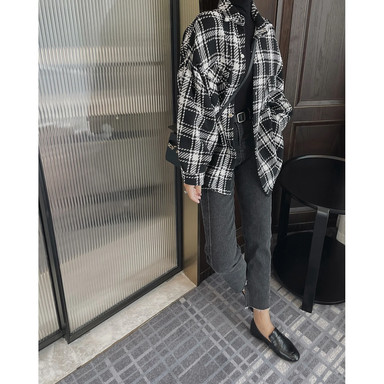 2022 Woman Oem Plaid Tweed Oversize Heavy Blouses Shirts Cardigans Jackets Clothing Korean Fashion Tops Vintage Autumn Winter