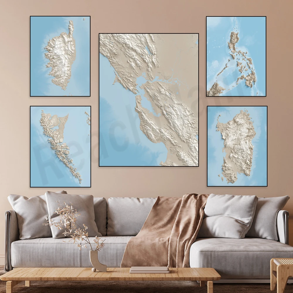 Topographic Map Posters Set - Sardinia France Cyprus Haida Gwaii (British Columbia) California Bay Area Greece - Wall Art Decor