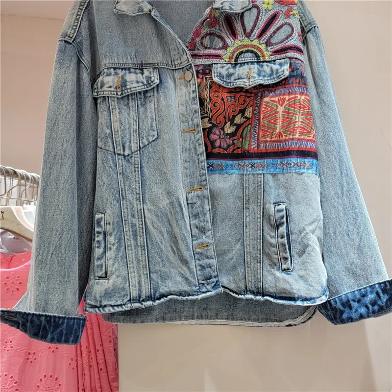 Vintage Blau Stickerei Verstärktes Denim Jacke Frauen Lose Kurze Cowboy Oberbekleidung Langarm Jeans Jacke Weibliche Chaqueta Mujer