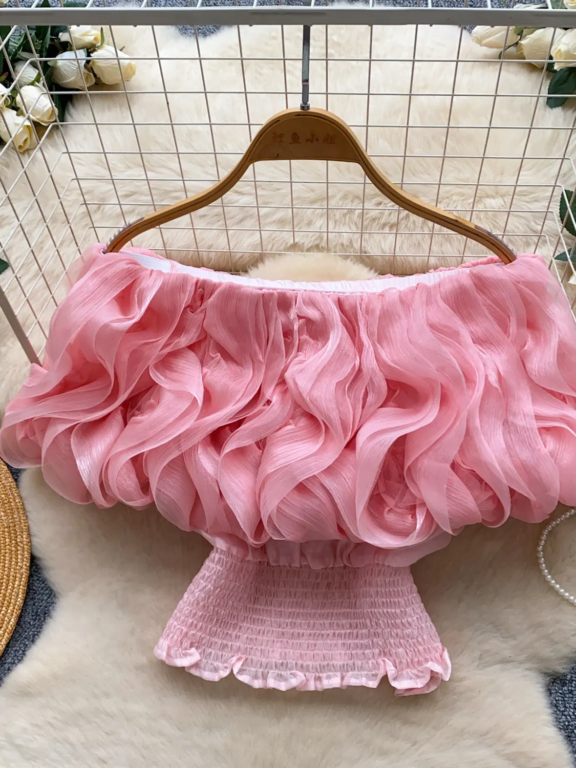 Coquette Fashion Elegant Off Shoulder Crop Top Women Summer Ruched Ruffle Shirred Waist Slim Fit Casual Elegant Daily Lady Top