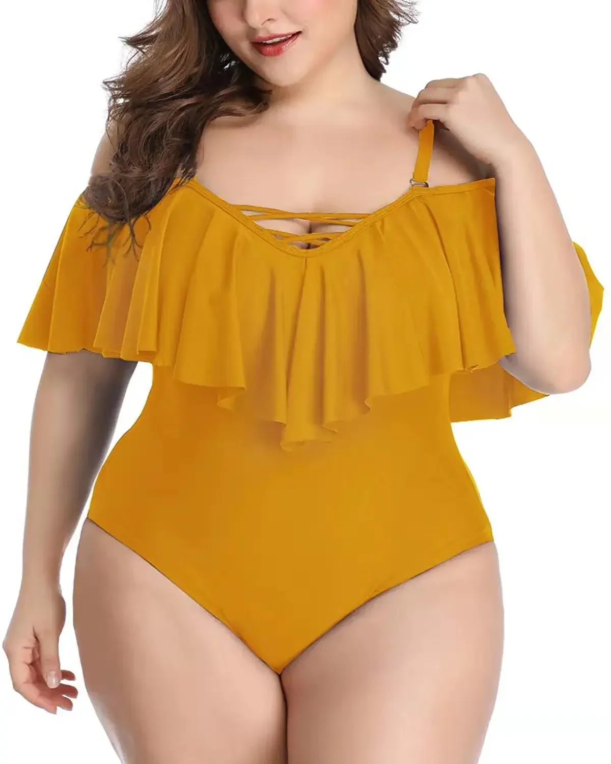 Plus Size Swimwear Ruffled One Piece Swimsuit Women Shoulder Off Bathing Suit Large Size Monokini Bandage Swimsuit 2022 dropship