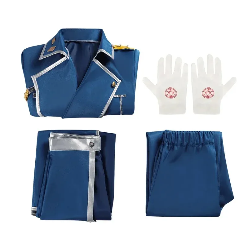 أزياء أنيمي Fullmetal الخيميائي روي موستانج أزياء تنكرية باللون الأزرق زي معطف وسراويل وقفازات لحفلات الهالوين كرنفال الزي للرجال