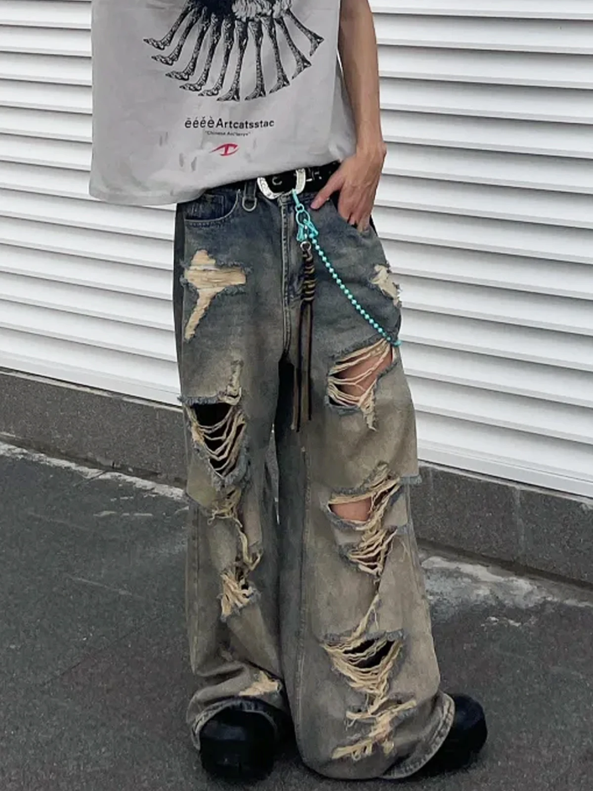 

Retro Waed Men's Hip Hop Street Sle Denim Jeans Vibe Trendy Loose Wide Leg Long Trousers Tear Detailing Straight Cut