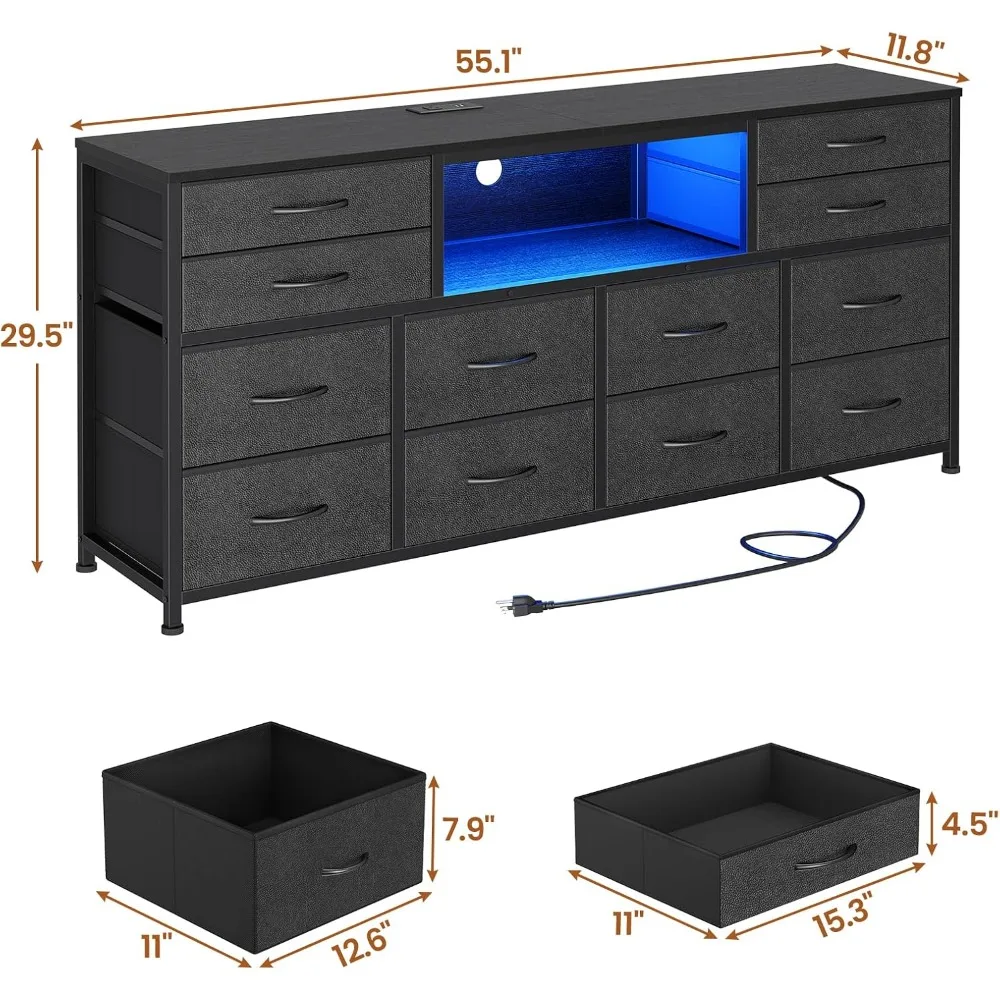 Cômoda de suporte de TV LED para quarto com tomadas elétricas, centro de entretenimento de 55 polegadas com 12 gavetas, mesa de console de mídia