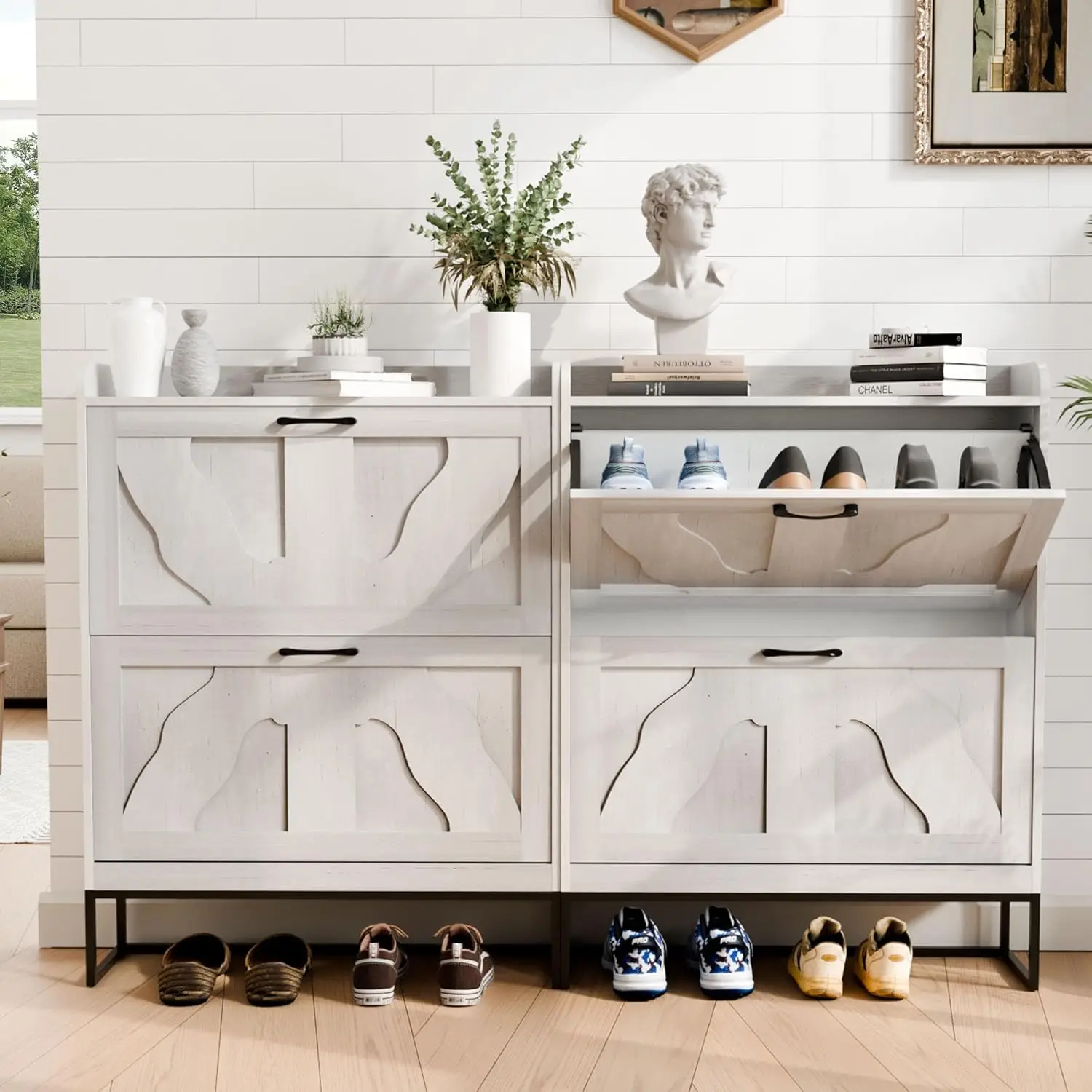 

Набор из 2-х шкафов для хранения обуви с 2 откидными ящиками, узкий шкаф для обуви для прихожей, отдельно стоящий органайзер для обуви.