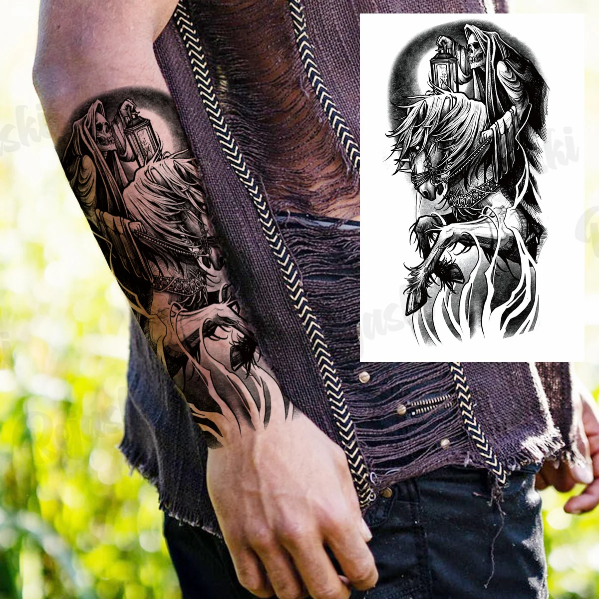 Schwarz Pirate Schiff Temporäre Tattoos Für Männer Erwachsene Realistische Scary Vampire Knight Wolf Gefälschte Tattoo Aufkleber Arm Körper Tatoos