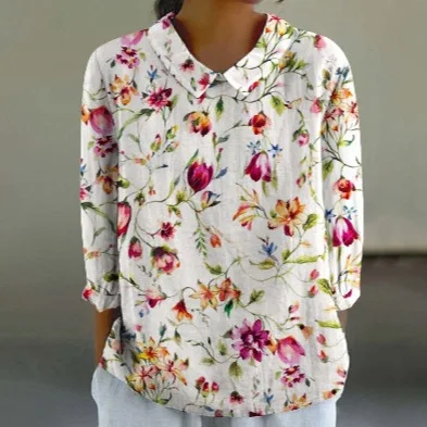 Camiseta de lino con solapa para mujer, cuello redondo Floral, Jersey suelto con botones, Top informal