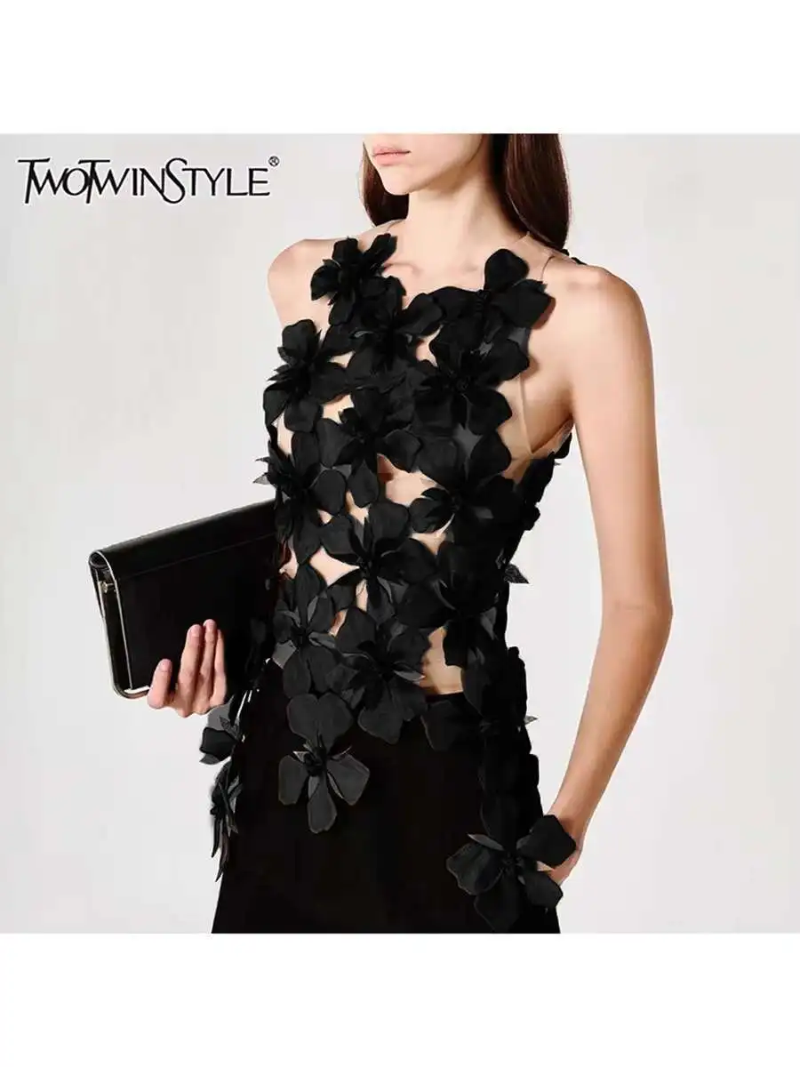 TWOTWINSTYLE Hit Color Spliced Appliques Slimming Vests For Women O Neck Sleeveless Tunic Temperament Vest Female Fashion New