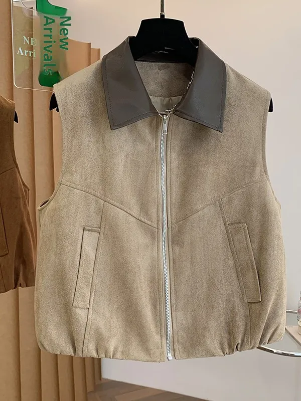 Women's Suede Vest Autumn New Style Color Block  Collar Outerwear Zipper Pocket Casual Loose Fit Pure Color Fashion