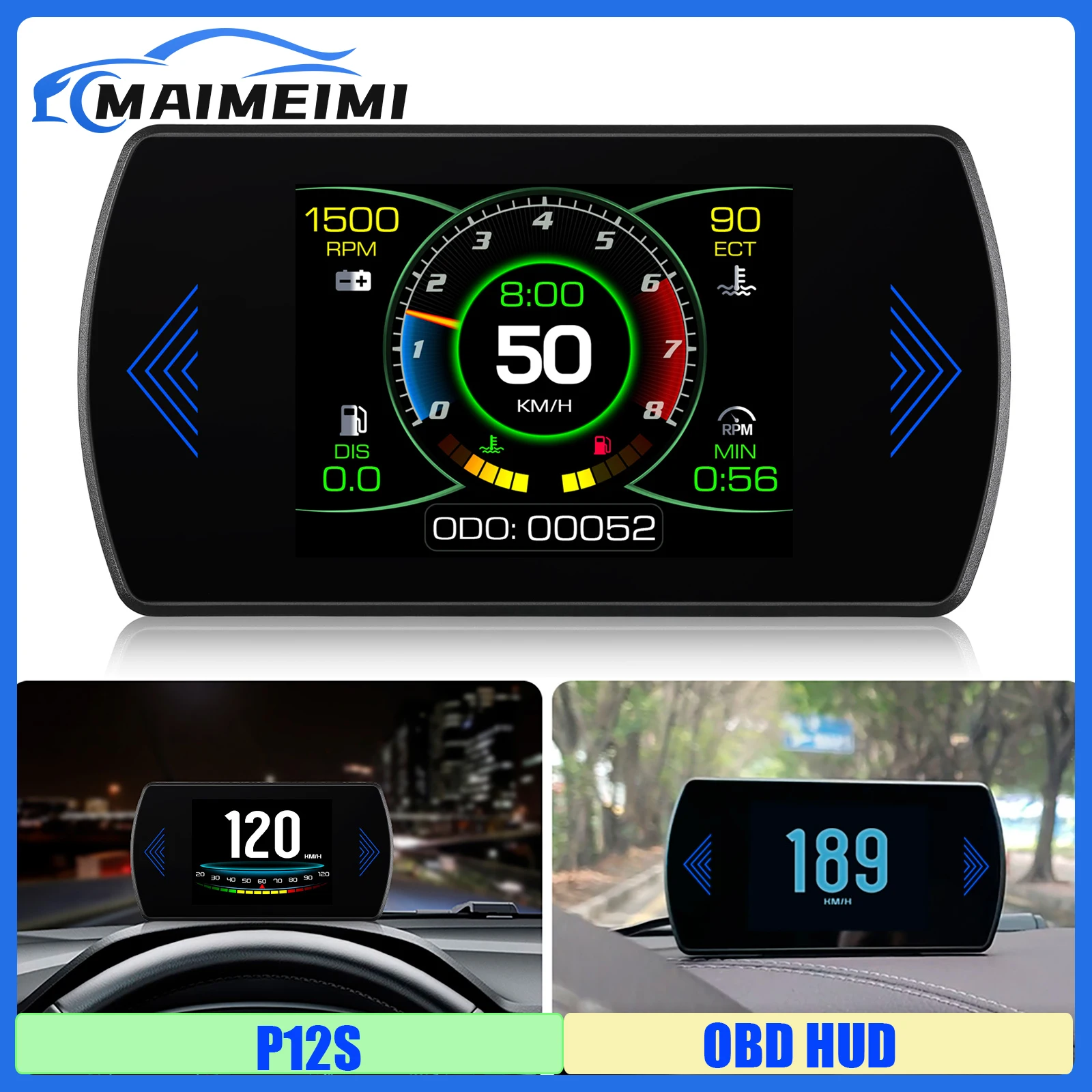 Digital Car HUD P12S OBD2 Head Up Display Turbine Pressure Speed RPM Water Temp Fuel Consumption Voltage Overspeed Alarm 12V