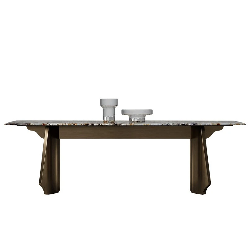 Natural luxury stone long dining table villa large flat floor whole house marble light luxury dining table and chair combination