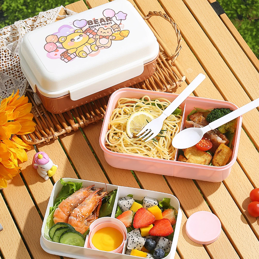 1250ml Kids Bento Box Cartoon Double Layer Leakproof Lunch Box With Utensils 2+3 Compartment Lunch Box Containers Microwave Safe