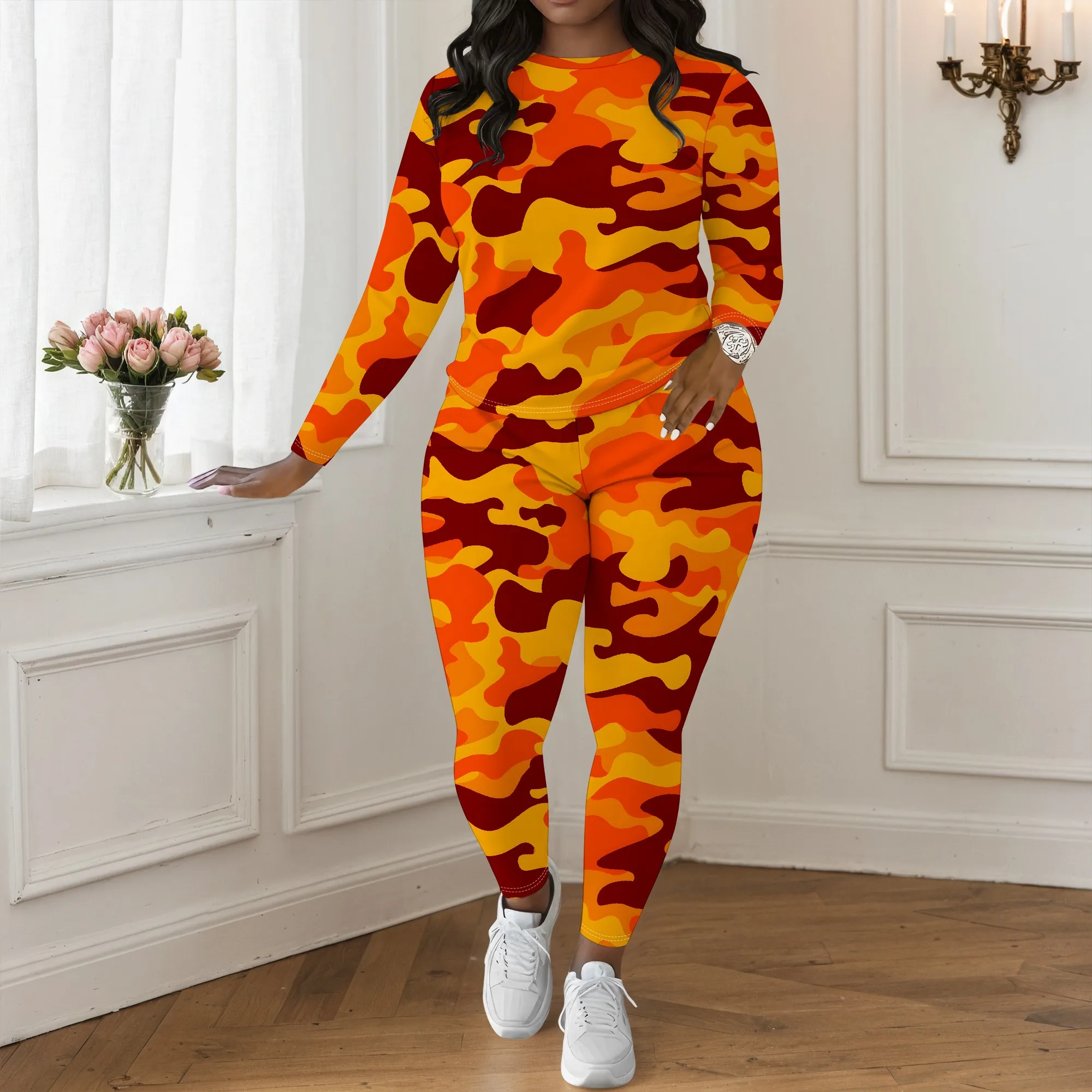 

Women's Long Sleeved Two-Piece Set, 3D Fashionable Camouflage Pattern Long Sleeved Two-Piece Set, Casual And Relaxed Style.