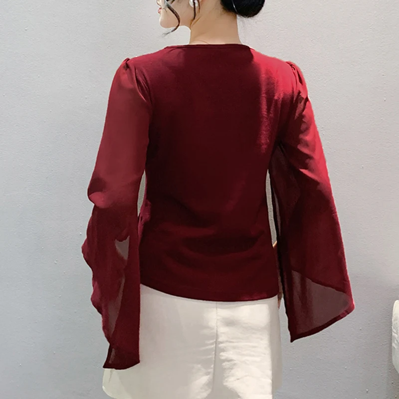 Czarna koszulka w stylu koreańskim na jesień, szykowna, seksowna, kwadratowy dekolt, błyszczące koraliki, patchwork, szyfonowe bluzki damskie, koszulki z długim rękawem, nowość 2025, 49206