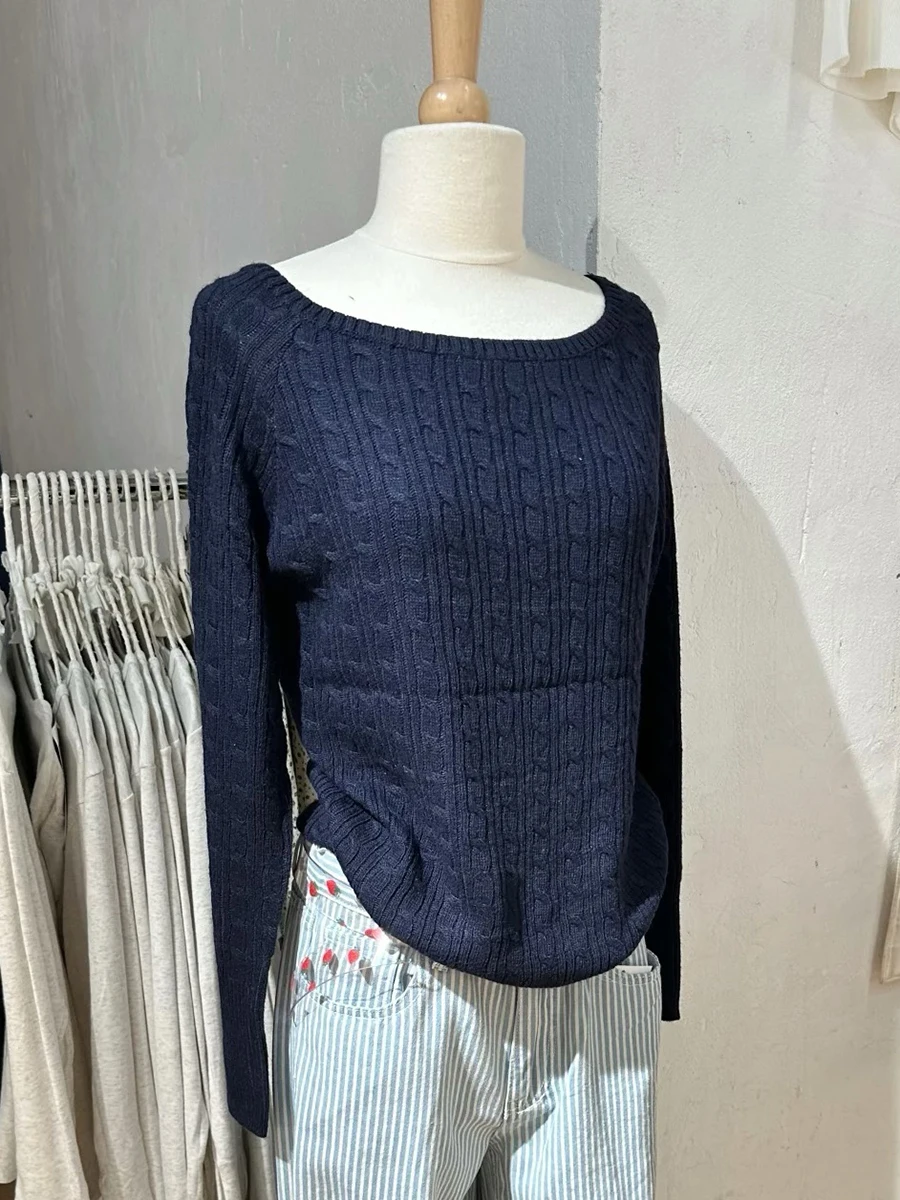 

Navy Twisted Knitted Long Sleeve T-shirt Women Autumn New Slash Neck Cotton Slim Tee Shirts Preppy Style Vintage Pullover Tops