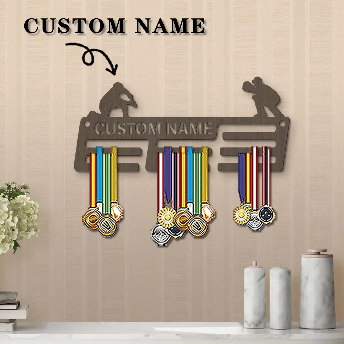 1pc Custom Wooden baseball player Medal Hanger, Personalized Medal Display Rack for Athletes,Ideal Gift for Family Friends