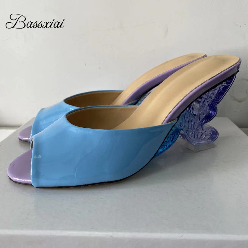 

Unique Butterfly-Wing Strange Heel Summer Mules Luxury Patent Leather Slingbacks Slim Sandals Women For Girls