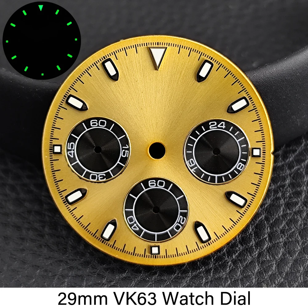 Hochwertiges VK63 Zifferblatt 29mm Grün Leuchtendes Uhrenzifferblatt Passend für VK63 Quarzwerk Uhrenzubehör VK63 Zeiger Uhren für Herren – Detail 5