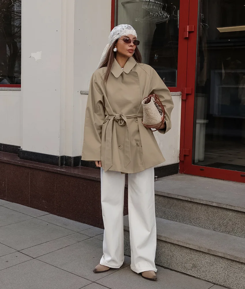New Model Design Sense Windbreaker Girl Mid-Length Khaki Jacket Lace Autumn And Winter Long-Sleeved Coat