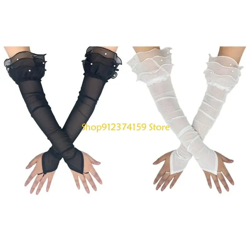 

G5AE Fingerless Long Sheer Gloves for Women with Beadwork 1920s Women Flapper Costume Tulle Gloves Cosplay Props Accessories