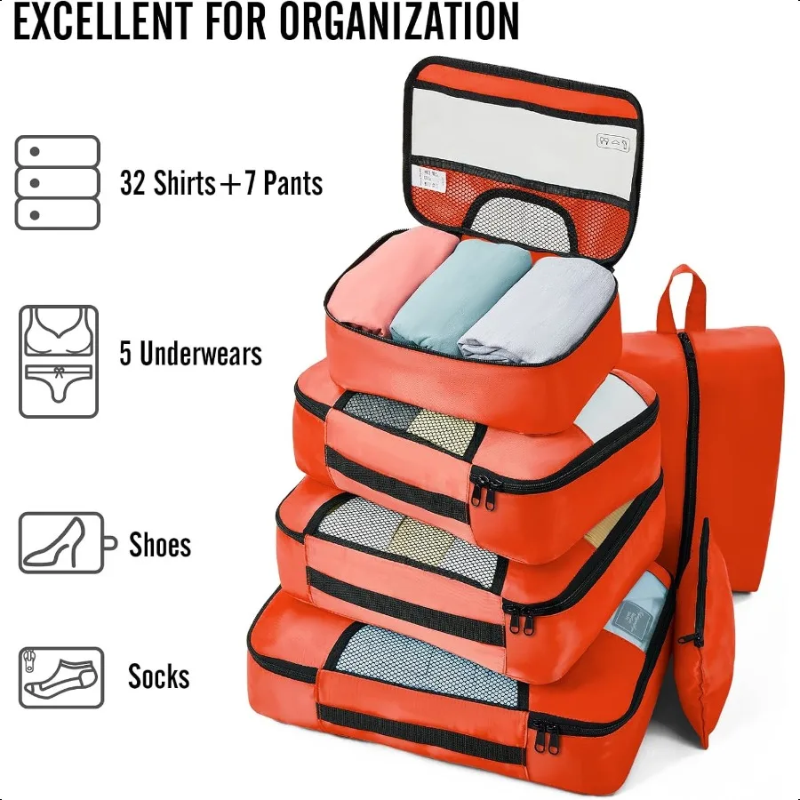 8 Set Packing Cube untuk Perlengkapan Perjalanan, Tas Organizer Koper dalam 4 Ukuran, Aksesoris Kabin Besar dengan Kantong Cuci Besar dan Kantong Perlengkapan Mandi Gantung
