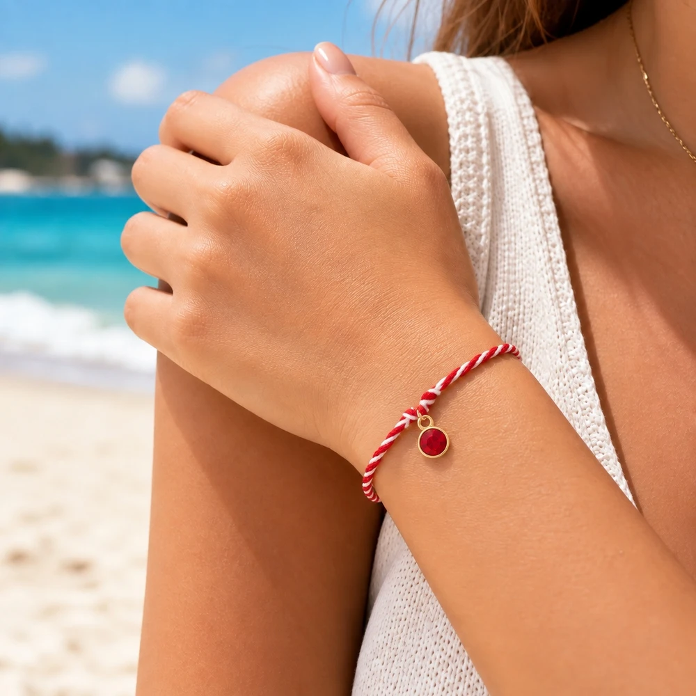 1pc Red and White Twisted Cord Bracelet with Round Red Charm and Golden Bead Adjustable Lace-Up Cute Romantic Style
