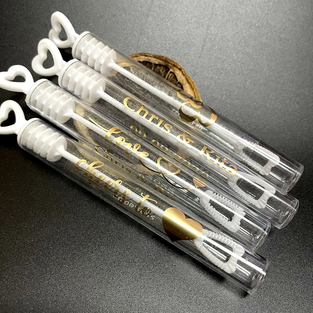 100 Uds. Palo de recuerdo de boda personalizado etiquetas de burbujas de boda de color dorado pegatinas transparentes personalizadas,