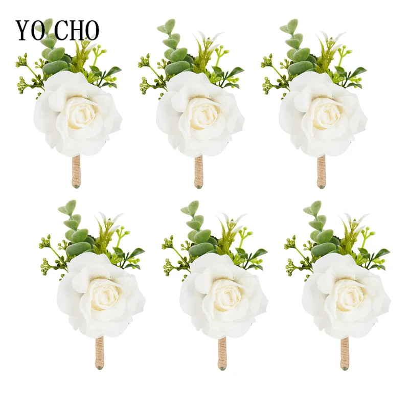 Boutonnières en Rose ivoire blanc, 6 pièces, pour marié et meilleur homme, avec fleur artificielle pour cérémonie de mariage