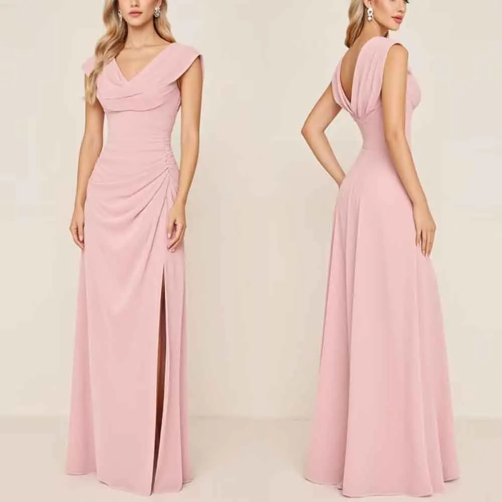 

High Quality Customized Floor Length Wrinkle V-neck High Fork Backless Sleeveless Pink Платье Корейский Стиль Party Dresses