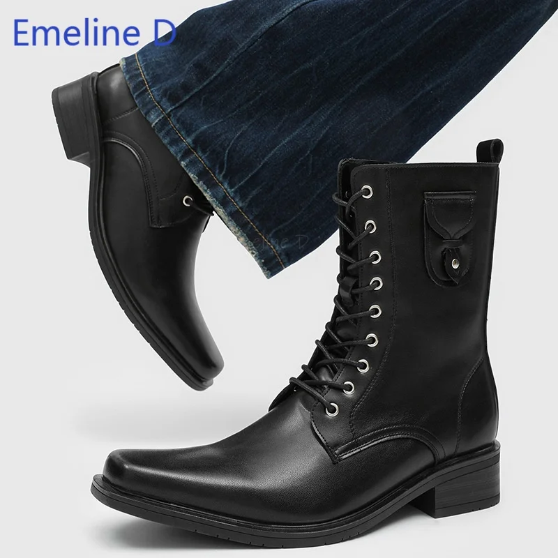 Men Lace Up Platform Dress Shoes Smooth Faux Leather Square Toe Heavy Duty Chunky Sole Retro Punk Trend Daily Street Derby Shoes