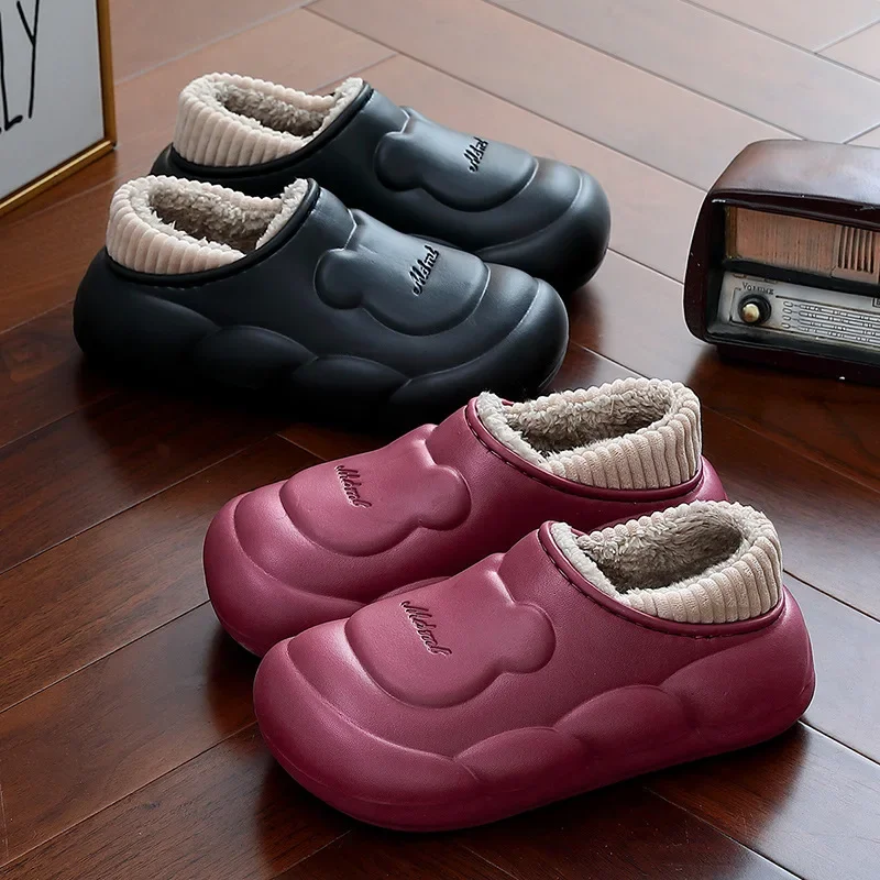 Waterproof Thick-soled Cartoon Bear Cotton Slippers for Men and Women Winter Family Home Outdoor Non-slip Warm Bag Heel Shoes