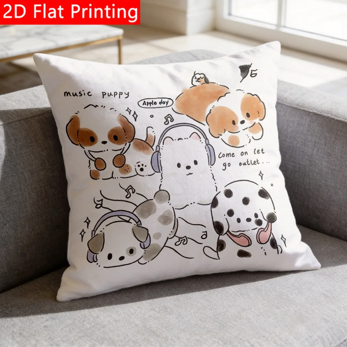 1pc Retro Musical Puppy Throw Pillow Cover - Soft Smooth Polyester Cushion Cover with Cute Puppies Doodle Print, Suitable for Bed, Sofa, Decor, Machine Washable Gift for Room, or Father's Day Present (No Insert Included), 2D Flat