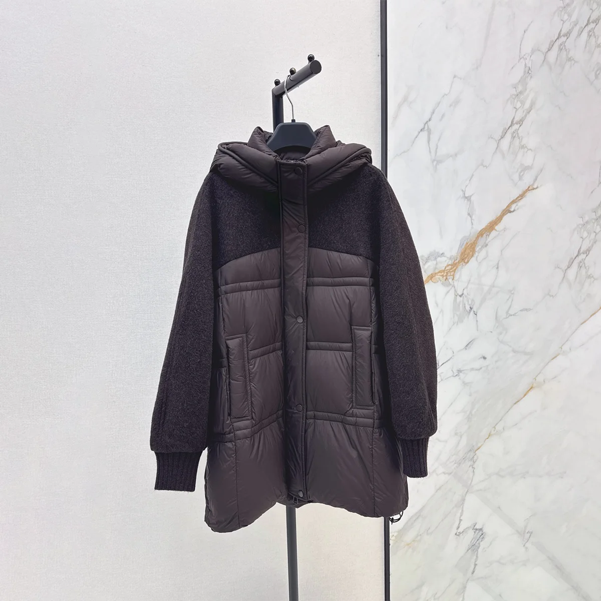 2026 Women Hooded Down Jacket, Woolen Spliced Mid-Length Loose Puffer Coat261021185