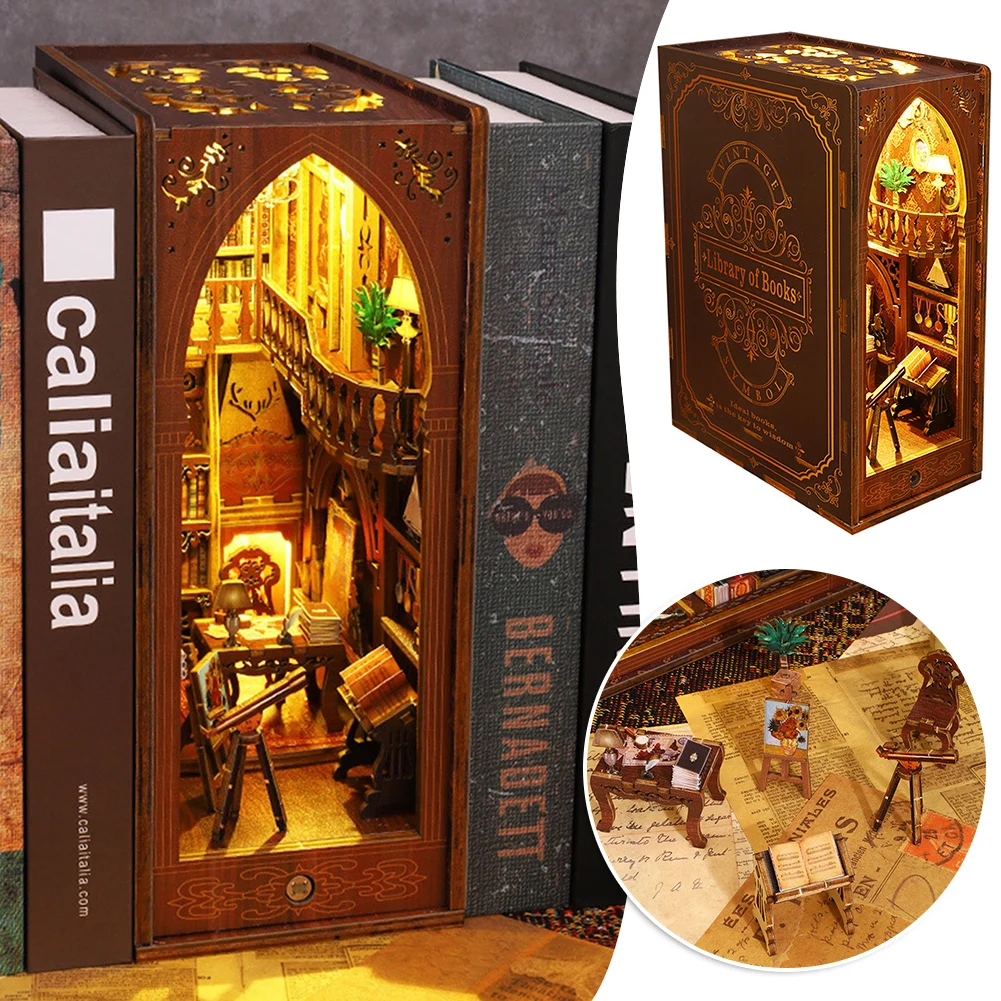 

DIY 3D Books Nooks Kits With Warm Light Multifunctional Assembly Model Decor For Bookshelf