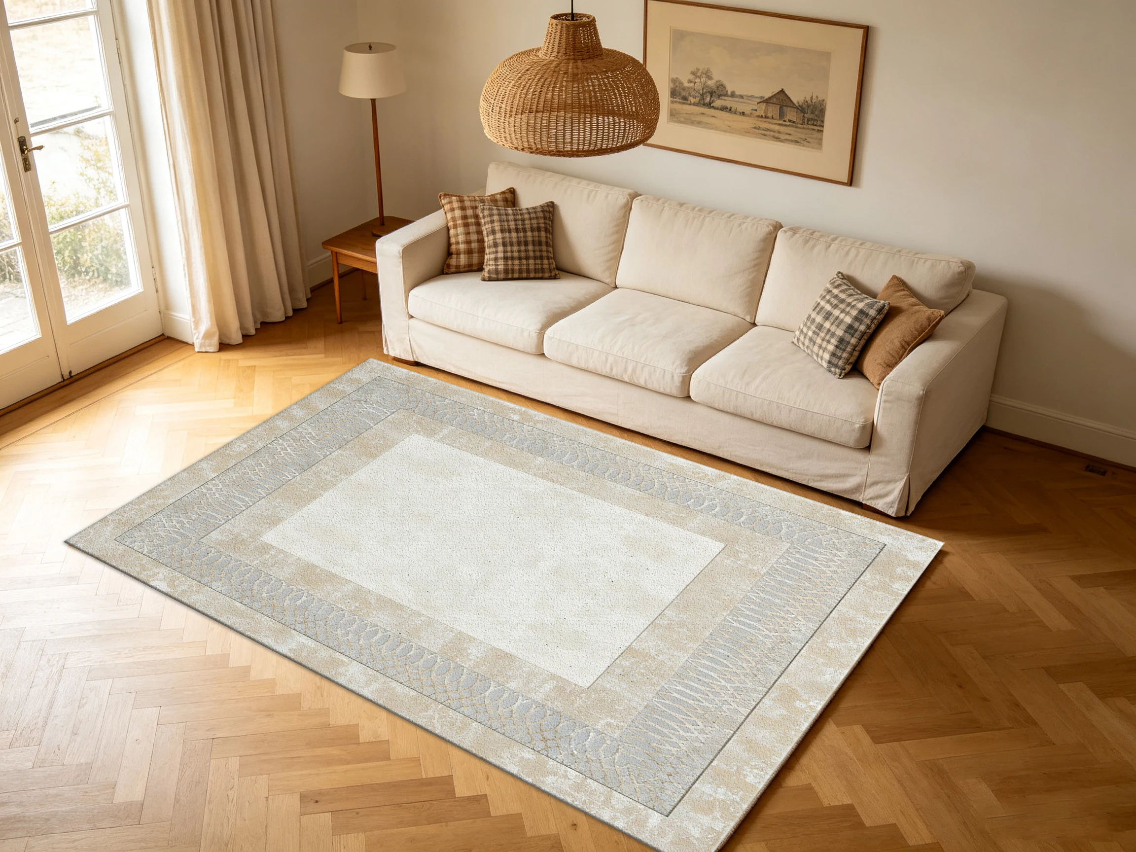 Minimalist Bordered Solid Carpet Flooring, Neutral Beige Texture Area Rug for Office Living Room