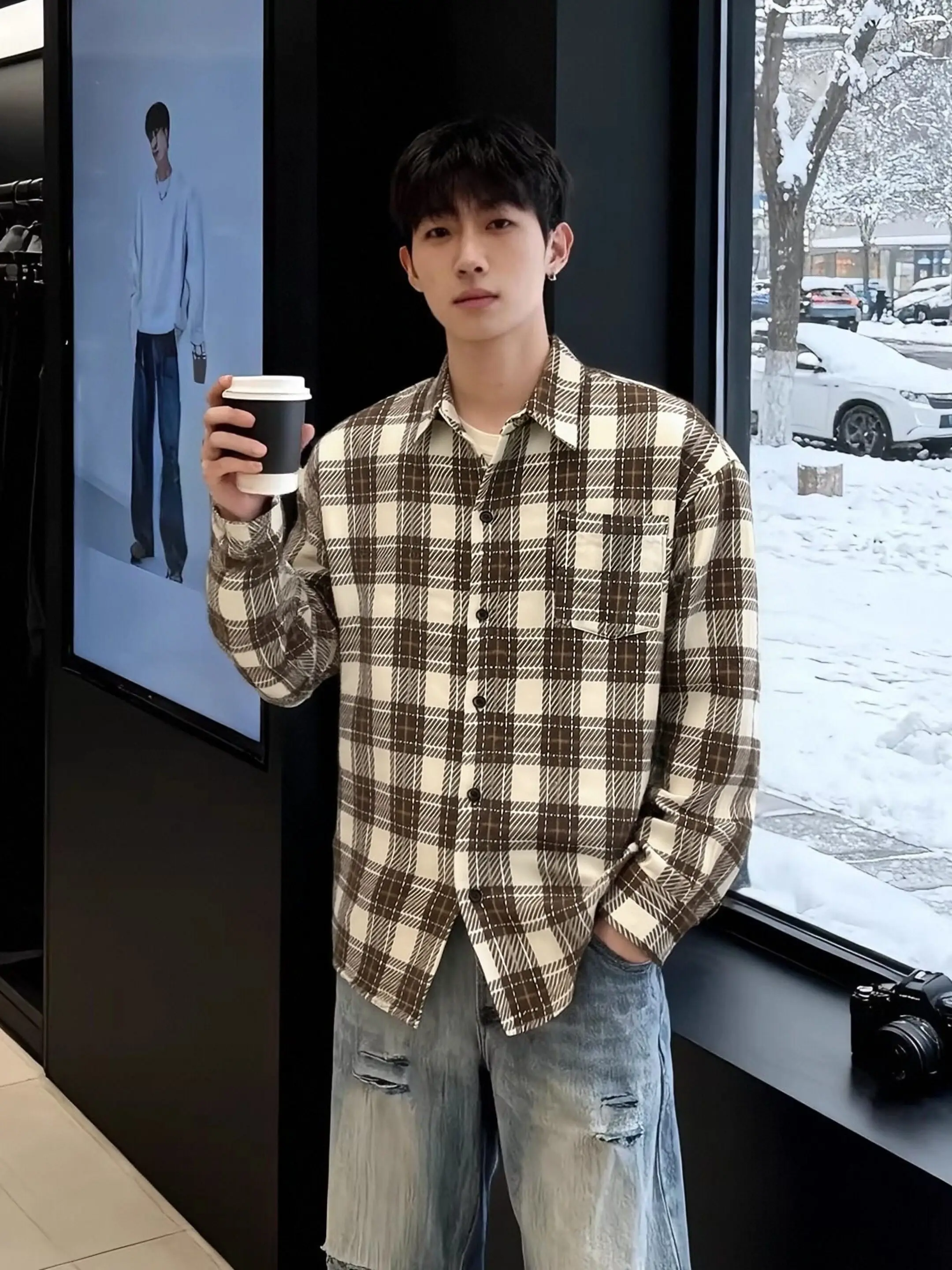 

Khaki Plaid Long Sve Men's irt Spring Autumn Youthful Inner Wear American Sle Jaet Layering Coffee Color Brued
