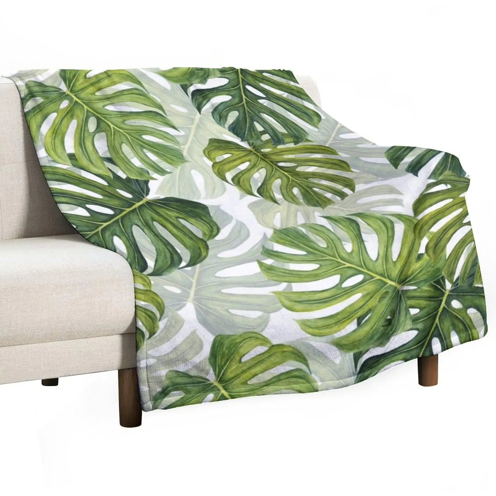 Monstera Leaf Tropical Pattern - Green Throw Blanket Soft Softest for babies Flannels Nap Beautifuls Blankets
