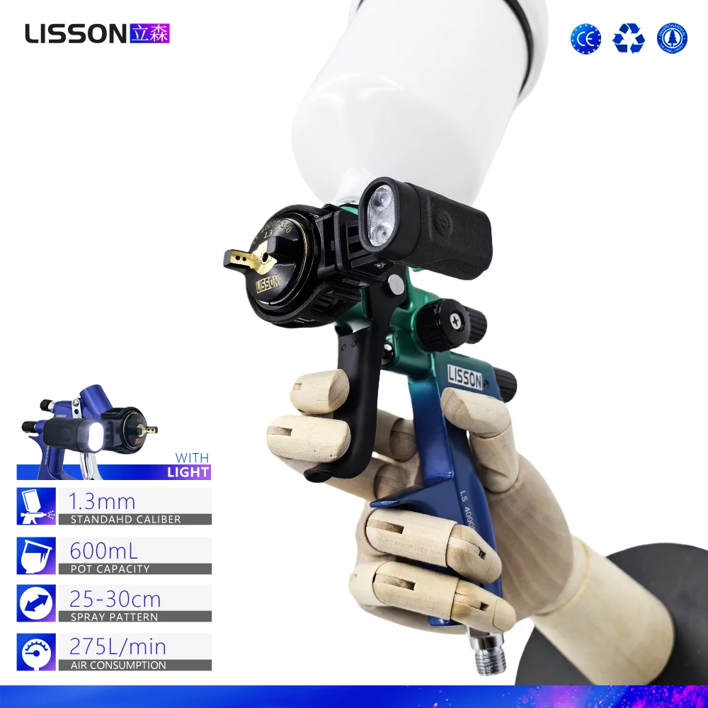 1.3mm HVLP Spray Gun with LED Light – Blue-to-Green Gradient Body for Car & Furniture Painting