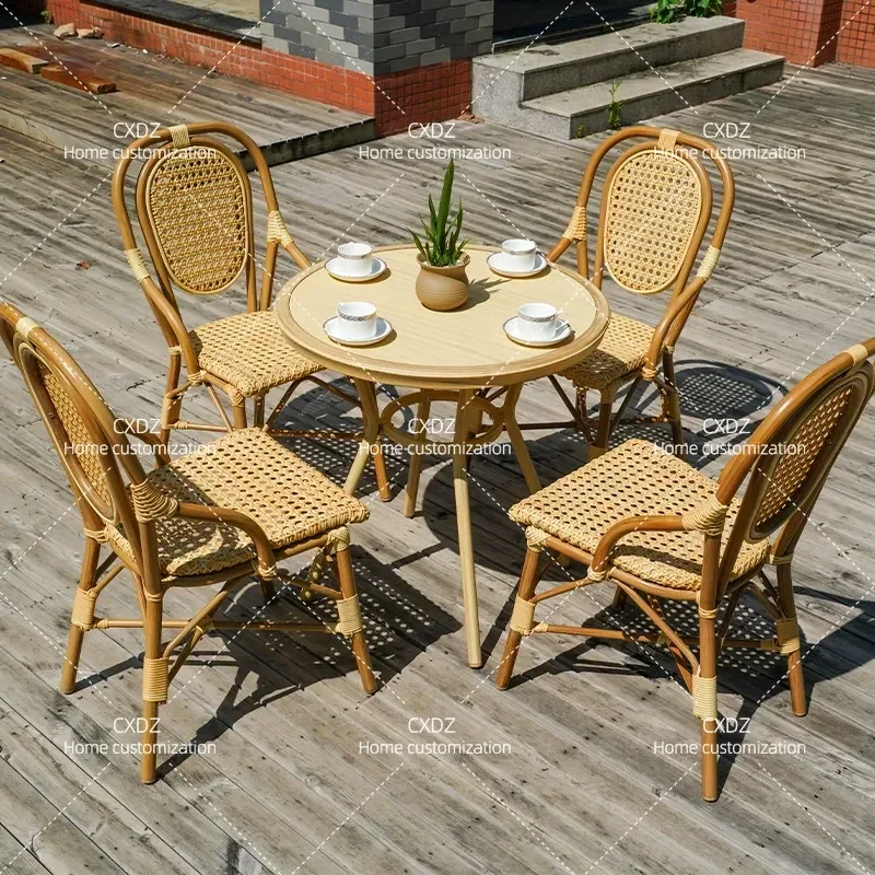 Outdoor Rattan Patio Furniture Set Waterproof Sunproof Wicker Chair and Square Round Table for Courtyard Balcony Villa Garden