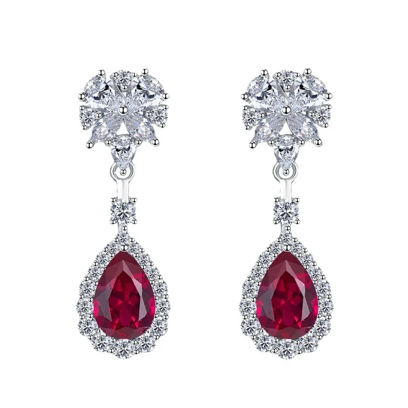 

2023 New Sterling Silver Simulated Ruby 7 * 10 Earrings INS Hot Selling Long Earrings in Europe and America